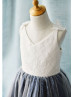 Ivory Lace Tulle Navy Blue Sequin V Neck Short Flower Girl Dress